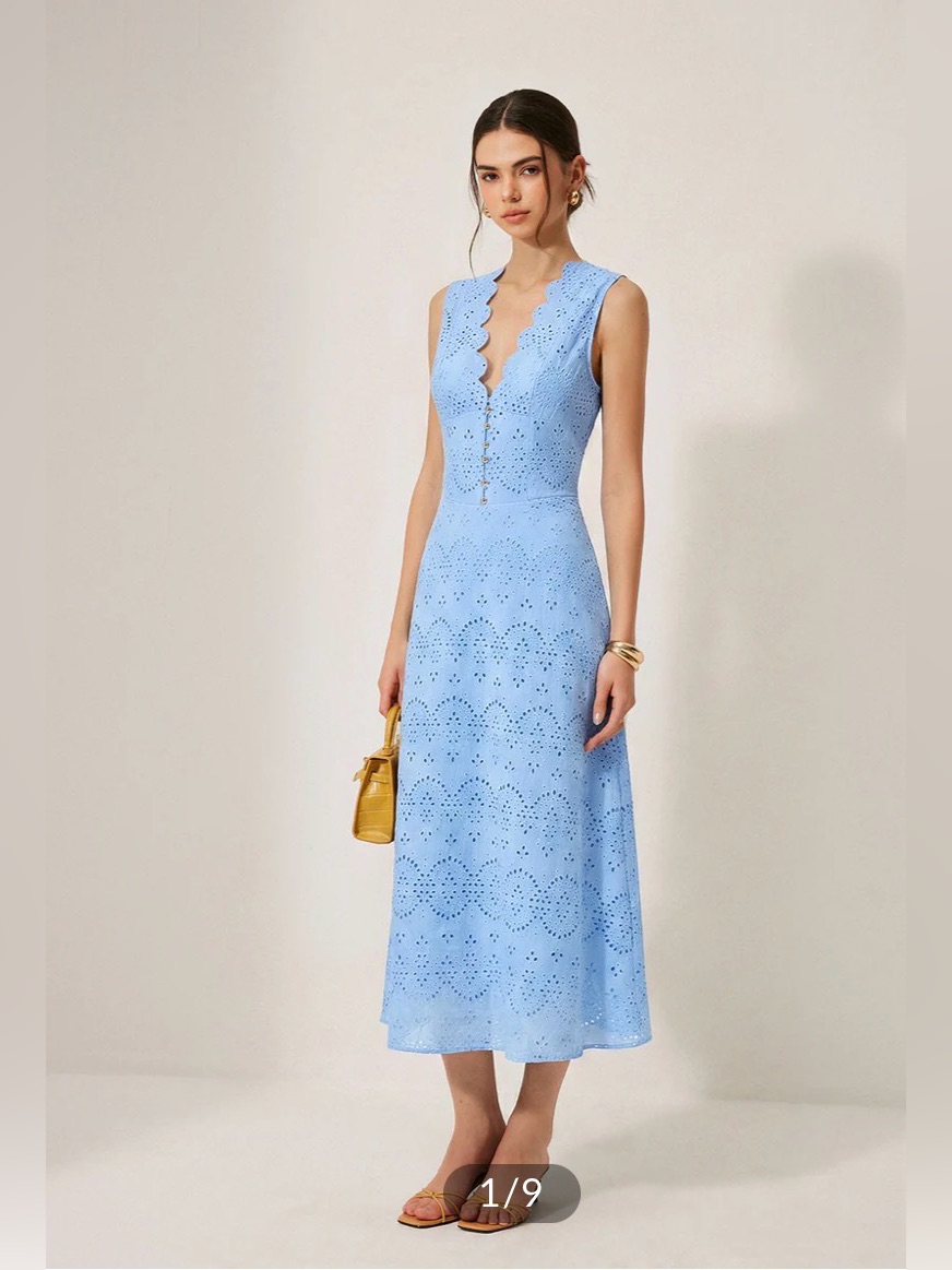 Commense Cotton Sleeveless Embroidered Eyelet Dress With Deep V Neck
